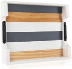 Wood Serving Tray with Metal Handle for Ottoman, Modern Rectangle Coffee Table Tray for Food Eating, White Decorative Tray, Size 17''x13'', Multicolor