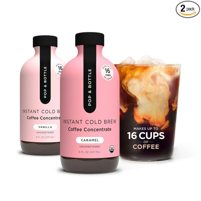 Pop & Bottle Organic Cold Brew Coffee Concentrate - Iced Coffee Concentrate Liquid for At Home, Dairy Free, Makes Up to 16 Cups - Vanilla & Caramel, 8 fl oz (Mixed 2 Pack)