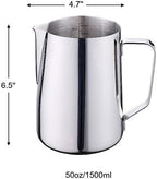 50oz Milk Frothing Pitcher - Stainless Steel Cup With Double Measurement Scales for Latte Art, Espresso and Cappuccino Maker - 18/8 Stainless Steel Steaming Pitcher