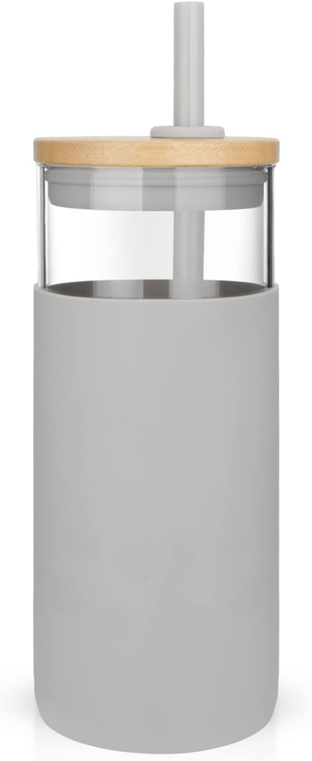 Tronco 20oz Glass Tumbler Glass Water Bottle Straw Silicone Protective Sleeve Bamboo Lid - BPA Free (French Grey/ 1 Pack)