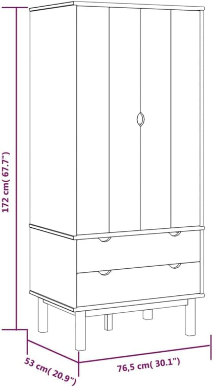 Compact Brown Wardrobe with 2 Drawers and Large Compartment, Solid Pine Wood - Image 2