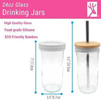 Elk and Friends Glass Mason Jars 24oz with Bamboo Straw Lids + Stainless Steel Straws | Smoothie + Iced Coffee + Bubble Tea Cups | Glass Cups with Lids and Straws