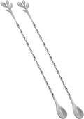 AnSaw Silver 10-Inch Stainless Steel Cocktail Spoon with Leaf Handle - Perfect for Mixing & Layering Drinks in Tall Cups, Bar & Shakers - Durable Long Handle Bar Stirrer,2-Pieces