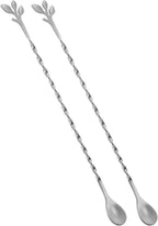 AnSaw Silver 10-Inch Stainless Steel Cocktail Spoon with Leaf Handle - Perfect for Mixing & Layering Drinks in Tall Cups, Bar & Shakers - Durable Long Handle Bar Stirrer,2-Pieces