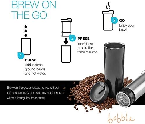 bobble French Coffee Presse, On-The-Go use, Quick Brew, Slim Design, Triple Wall Insulation, 14 oz (Blue)