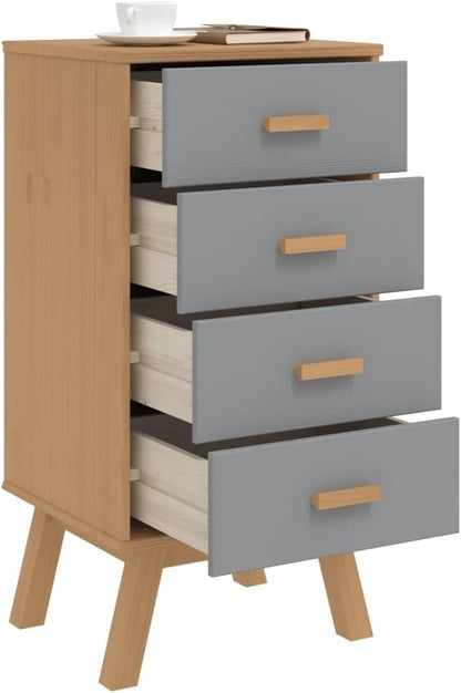 Scandinavian Style Grey and Brown Solid Pine Wood Bedside Cabinet - Image 5