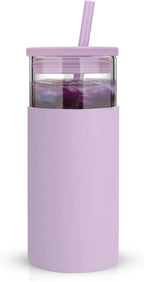 Tronco 20 oz Glass Tumbler With Lids and Straws, Reusable Smoothie Cups With Silicone Lid, Iced Coffee Cup With Silicone Protective Sleeve, Dishwasher Safe- BPA Free（Light Purple 1 Count）