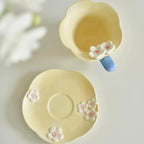 Floral Tea Cups and Saucers, Ceramic Cute Coffee Mug for Women Tea Party, Cappuccino Latte Milk (Yellow)