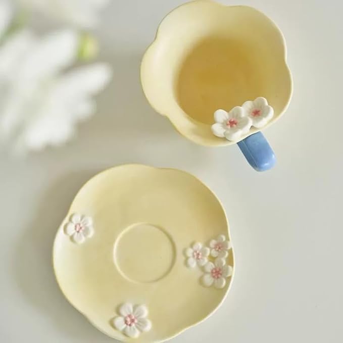 Floral Tea Cups and Saucers, Ceramic Cute Coffee Mug for Women Tea Party, Cappuccino Latte Milk (Yellow)