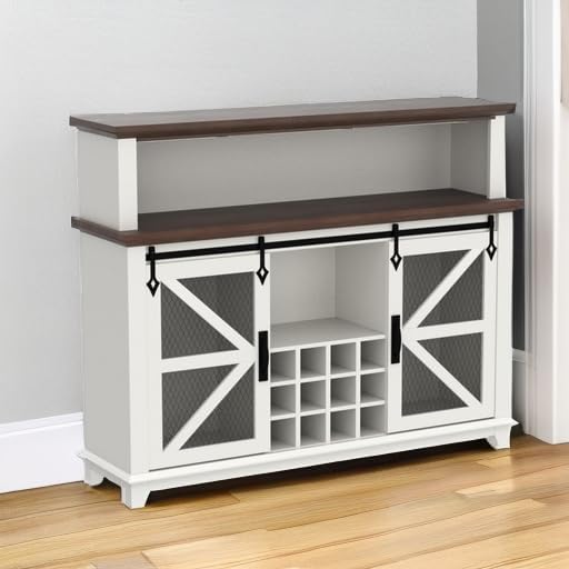 OKD Farmhouse Coffee Bar Cabinet with LED Lights, 55" Wine Bar Cabinet w/Sliding Barn Door & Wine and Glass Rack, Kitchen Buffet Cabinet w/Storage Shelves for Dining Room,Antique White