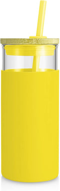 Tronco 20 oz Glass Tumbler with Lid & Straw - Iced Coffee Cup & Smoothie Cup With Silicone Sleeve | BPA-Free, Dishwasher Safe | Reusable Glass Cups with Bamboo Lids and Straws (Yellow 1 Count)
