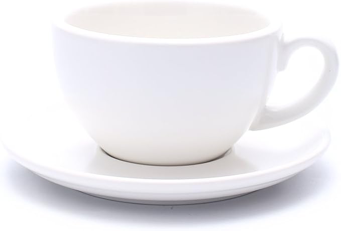 Latte Art Cup and Saucer for Cappuccino and Manual Brew Coffee, New Bone China, Mate for Coffee Shop and Barista (Matte White, 8.5 oz)