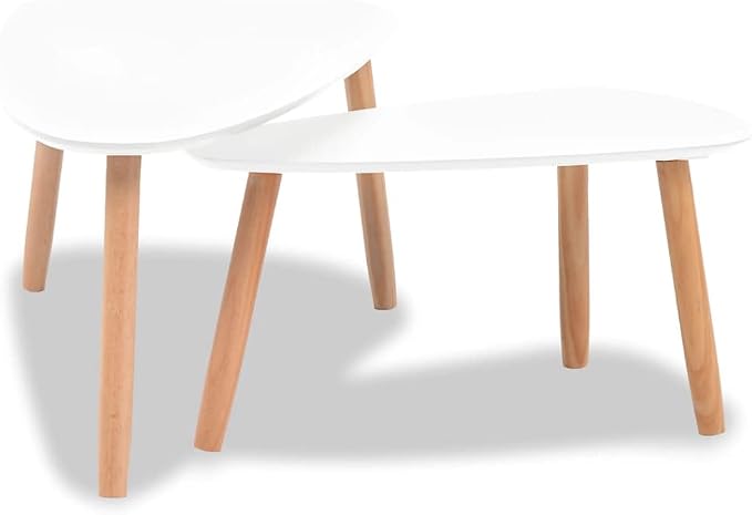 White Solid Pinewood and MDF Coffee Table Set of 2, Scandinavian Style Modern - Image 4