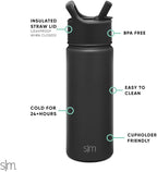 Simple Modern Kids Water Bottle with Straw Lid Vacuum Insulated Stainless Steel Metal Thermos Bottles | Reusable Leak Proof BPA-Free Flask for School | Summit Collection | 18oz, Midnight Black