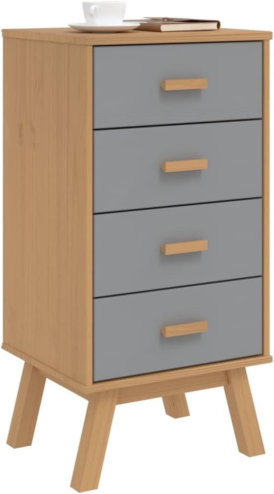 Scandinavian Style Grey and Brown Solid Pine Wood Bedside Cabinet - Image 4