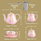 Porcelain Tea Sets British Royal Series, 8 OZ Cups& Saucer Service for 6, with Teapot Sugar Bowl Cream Pitcher Teaspoons and tea strainer for Tea/Coffee (Coral White)