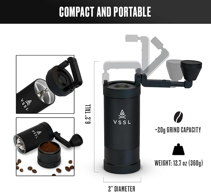 Java Manual Coffee Grinder, 20 Gram Capacity, Stainless Steel Burr, 50 Settings, Black