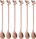 AnSaw 6-Piece Elegant Rose Gold Leaf Long Handle Teaspoons - 7.4" Stainless Steel Stir Spoons for Coffee & Tea, Perfect for Mixing & Stirring