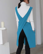 Cotton Linen Japanese Apron Halter Cross Back Bandage X Shape Aprons Two Pockets