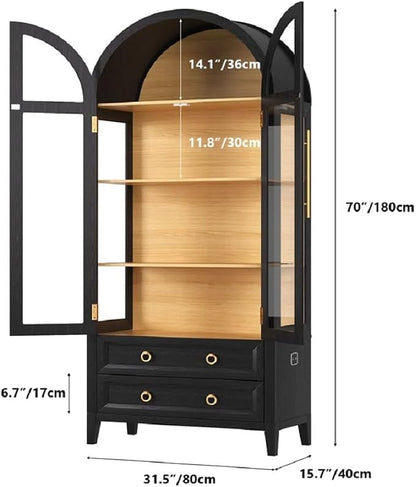 Arched Curio Cabinet with Glass Doors, 4-Tier Display Cabinet with 2 Drawers - Image 2