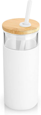 Tronco 20oz Glass Tumbler Glass Water Bottle Straw Silicone Protective Sleeve Bamboo Lid - BPA Free (White Black)