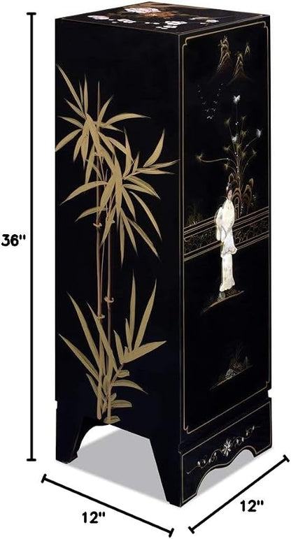 Black Lacquer Mother of Pearl Chinese Pedestal Cabinet - Image 7