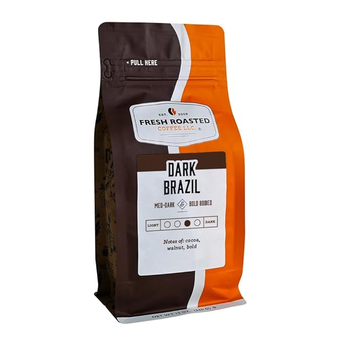 Fresh Roasted Coffee, Dark Brazil, 12 oz, Med-Dark Roast, Kosher, Whole Bean