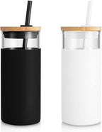 Tronco 20oz Glass Tumbler Glass Water Bottle Straw Silicone Protective Sleeve Bamboo Lid - BPA Free (White Black)