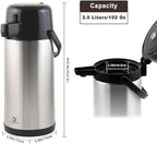 Airpot Coffee Carafe for Keeping Hot,102oz/3L Coffee Dispenser Thermal with Pump,Insulated Stainless Steel Hot Beverage Dispenser for Parties,Thermal Carafe for Hot Drinks Water Tea Chocolate