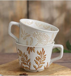 Ceramic Mug Set of 1 With Gold Spoon, 11oz - Vintage Coffee Mug, Pottery Cups for Milk, Latte, Cappuccino, Tea - Porcelain Dishwasher, Microwave Safe Stoneware 1 PCS Brown Leaf Cup