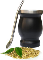 Beruth Bombilla Yerba Mate Gourd, 8oz Stainless Steel Tea Cup Set with a Multifunctional Lid, Two Straws and Cleaning Brushes, Double Walled Coffee Mug Heat Insulation Anti Scalding BR2302 (Black)