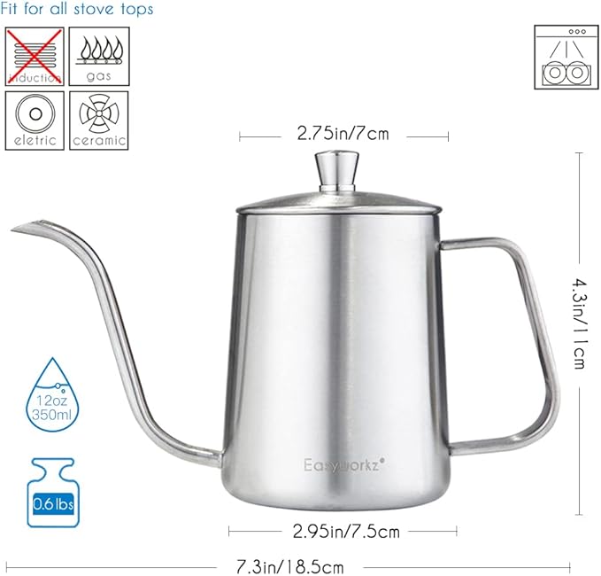 Easyworkz Gage Gooseneck Pour Over Coffee Kettle 12 oz Stainless Steel Hand Drip Long Narrow Spout, Silver