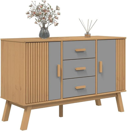 Grey and Brown Sideboard with 3 Drawers and 2 Cabinets Solid Pine Wood - Image 5