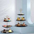 RAUVOLFIA 2 Pack of Plastic Round & Square Dessert Cupcake Stand, 3 Tier Cup Cake Holder Tower for Tea Party/Birthday/Wedding, Plastic Tiered Serving Tray (Black)