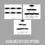 Cornucopia Brands 8oz Clear Plastic Jars w/Black Plastic Lids (6-Pack); BPA Free PET Stackable Containers for Bathroom & Kitchen Storage & Cosmetics