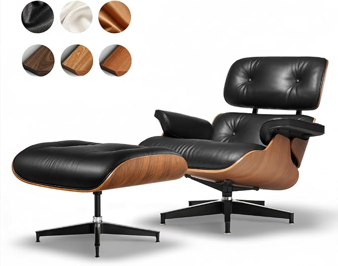 Top Black Grain Leather, Mid Century Chaise Lounge Chair and Ottoman, Leather by MakeHomeBetter