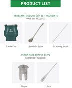 Yerba Mate Cup - Mate Gourd Set Includes Double Walled Stainless Steel Tea Cup, Tea Shaper set, Bombilla Straws, Cleaning Brush (Silver)