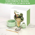 Matcha Whisk Set, Matcha Bowl with Spout, Matcha Whisk and Holder, Bamboo Scoop and Stainless Sifter - 5 Pcs Jade Green Matcha Kit for Matcha Lover