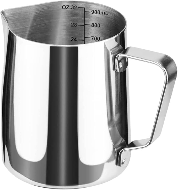 Milk Frothing Jug, Milk Frothing Pitcher Pouring Jug Espresso Cup with Measurement Inside 32oz/900ml Stainless Steel Creamer Cup for Making Coffee Cappuccino Hot Chocolate Machine