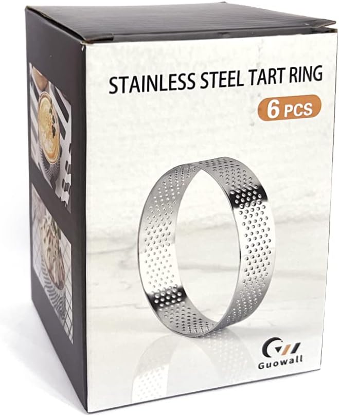 Guowall Stainless Steel Round Tart Ring Metal Perforated Cake Mold Pastry Molud for Circle Tartlet French Dessert Small Fruit Tarte Crust (6pcs)