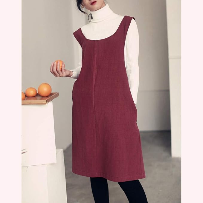 Cotton Linen Japanese Apron Halter Cross Back Bandage X Shape Aprons Two Pockets