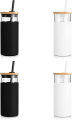 Tronco 20 oz Glass Tumbler Glass Water Bottle Straw Silicone Protective Sleeve Bamboo Lid - BPA Free - Black White/ 4 Pack