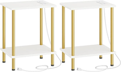 HOOBRO Side Table with Charging Station, Nightstand with 2-Layer Storage Shelves by HOOBRO