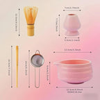 Cute Pink Matcha Whisk Set of 5 for Matcha Tea,Matcha Powder Kit（Bowl with Spout+bamboo Whisk and Holder+Strainer+Scoop）for Macha Starter Making Tools with Small Sifter Sieve Mixer Wisk Chasen Chawan