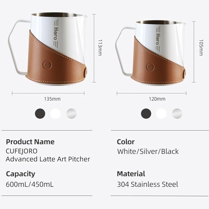Milk Frothing Pitcher 450ml/16oz 304 Stainless Steel Espresso Steaming Pitcher with PU Leather, Milk Frothing Jug,milk frother cup,Milk Jug Cup,Premium Barista Tools,Latte Art (Black,16oz)