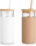 Tronco 20 oz Glass Tumbler Glass Water Bottle Straw Silicone Protective Sleeve Bamboo Lid - BPA Free - White Amber/ 2 Pack
