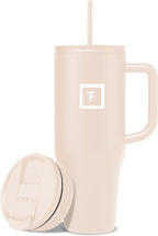 IRON °FLASK Co-Pilot Insulated Mug w/Straw & Flip Cap Lids - Cup Holder Bottle for Hot, Cold Drink - Leak-Proof - Water, Coffee Portable Travel Mug - Sand, 40 Oz