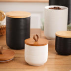 Food Storage Jar Strong Ceramic Storage Canisters with Airtight Wooden Lid,Kitchen Storage Containers for Serving Coffee Beans, Tea, Sugar, Salt, Spices (Medium white)