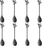 AnSaw 8-Pack Elegant Black Leaf 4.7" Espresso Spoons - Stainless Steel, Perfect for Coffee, Demitasse, Dessert & Tea, Mini Size for Small Servings