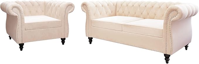 ORRD 2 Piece Living Room Set, Velvet Chesterfield Sofa Loveseat Couch Chair by ORRD